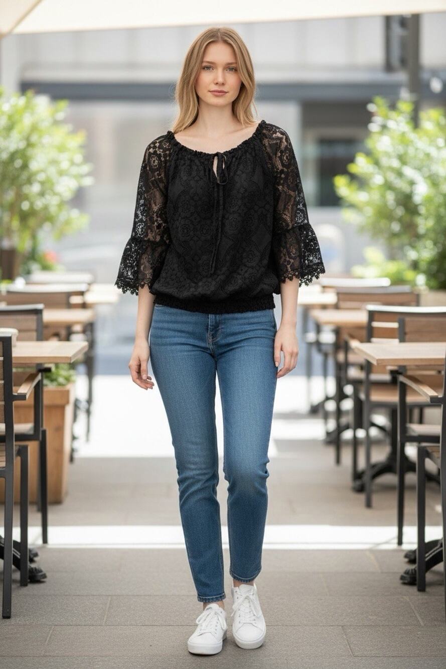 Astrid Black Eyelet Lace Back Button Blouse XS Cottagecore Boho NWOT